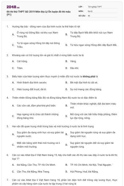 Đề thi thử THPT QG 2019  Môn Địa Lý  Ôn luyện đề thi mẫu (P1)