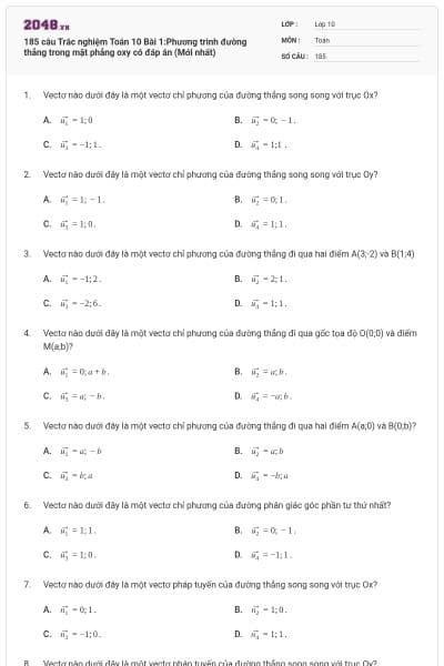 185 câu  Trắc nghiệm Toán 10 Bài 1:Phương trình đường thẳng trong mặt phẳng oxy có đáp án (Mới nhất)