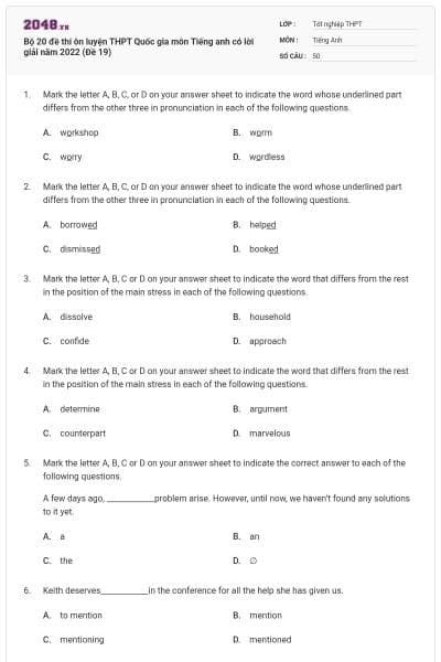 Bộ 20 đề thi ôn luyện THPT Quốc gia môn Tiếng anh có lời giải năm 2022 (Đề 19)