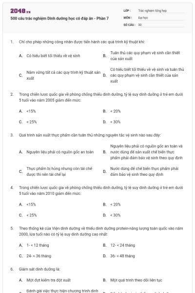 500 câu trắc nghiệm Dinh dưỡng học có đáp án - Phần 7