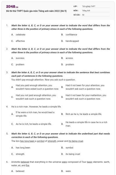 Đề thi thử THPT Quốc gia môn Tiếng anh năm 2022 (Đề 9)