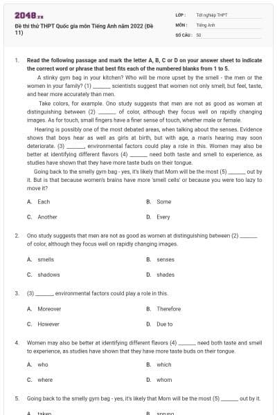 Đề thi thử THPT Quốc gia môn Tiếng Anh năm 2022 (Đề 11)