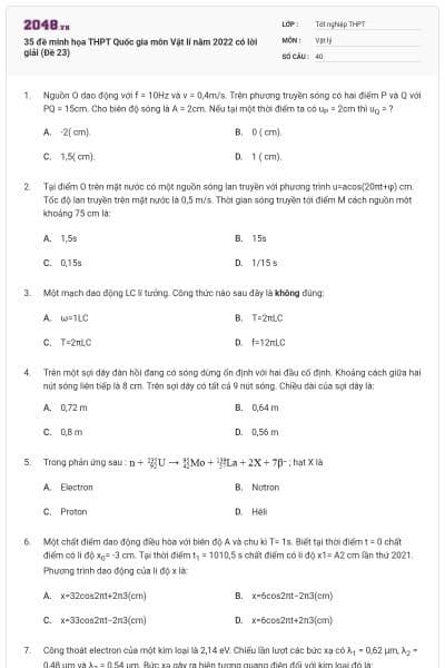 35 đề minh họa THPT Quốc gia môn Vật lí năm 2022 có lời giải (Đề 23)