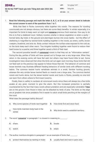 Đề thi thử THPT Quốc gia môn Tiếng Anh năm 2022 (Đề 12)