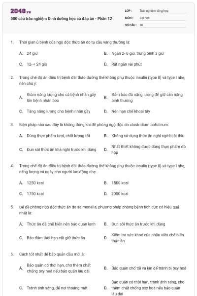 500 câu trắc nghiệm Dinh dưỡng học có đáp án - Phần 12