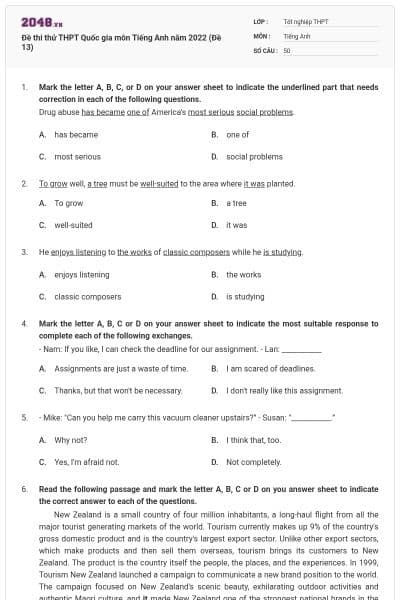 Đề thi thử THPT Quốc gia môn Tiếng Anh năm 2022 (Đề 13)