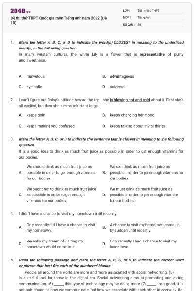 Đề thi thử THPT Quốc gia môn Tiếng anh năm 2022 (Đề 10)