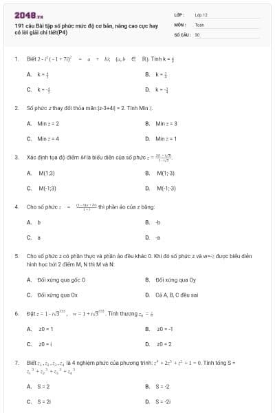 191 câu  Bài tập số phức mức độ cơ bản, nâng cao cực hay có lời giải chi tiết(P4)