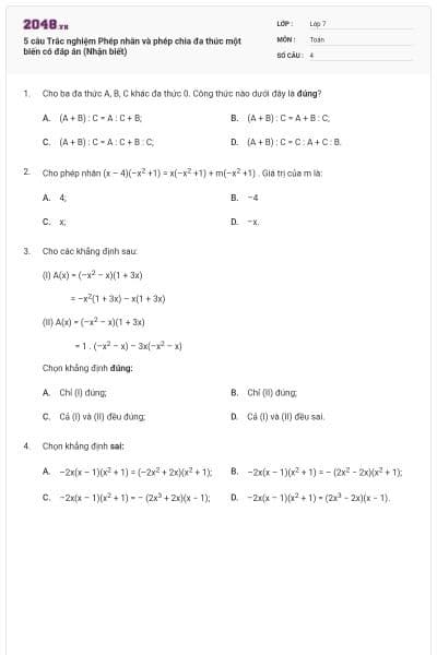 5 câu Trắc nghiệm Phép nhân và phép chia đa thức một biến có đáp án (Nhận biết)