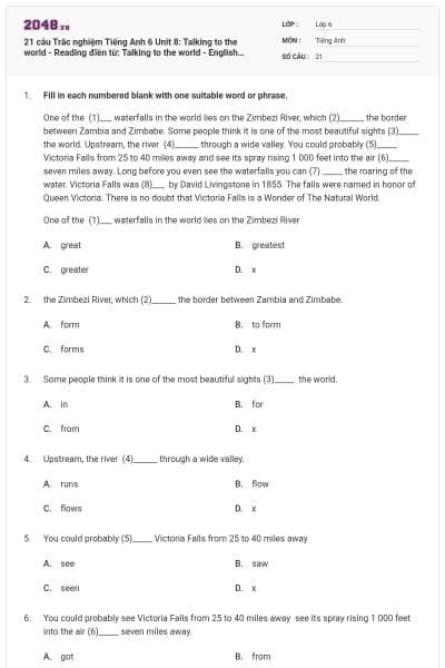 21 câu Trắc nghiệm Tiếng Anh 6 Unit 8: Talking to the world - Reading điền từ: Talking to the world - English discovery có đáp án