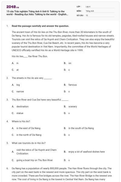15 câu Trắc nghiệm Tiếng Anh 6 Unit 8: Talking to the world - Reading đọc hiểu: Talking to the world - English discovery có đáp án