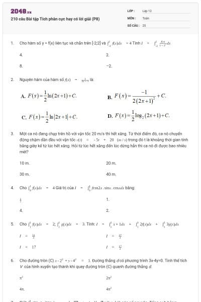 210 câu Bài tập Tích phân cực hay có lời giải (P8)