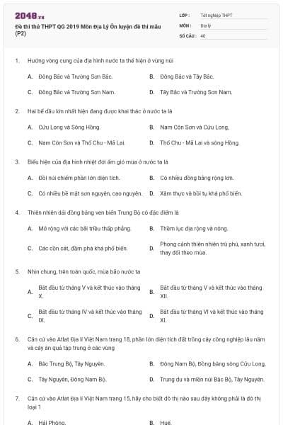 Đề thi thử THPT QG 2019 Môn Địa Lý Ôn luyện đề thi mẫu (P2)