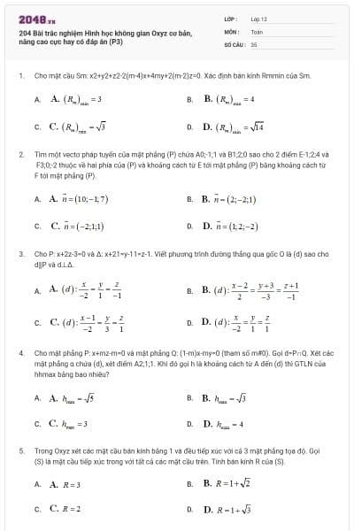 204 Bài trắc nghiệm Hình học không gian Oxyz cơ bản, nâng cao cực hay có đáp án (P3)