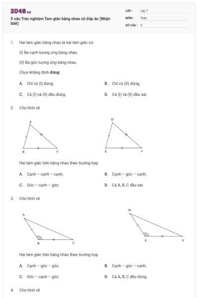 5 câu Trắc nghiệm Tam giác bằng nhau có đáp án (Nhận biết)