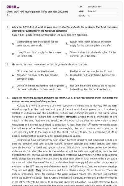 Đề thi thử THPT Quốc gia môn Tiếng anh năm 2022 (Đề 11)