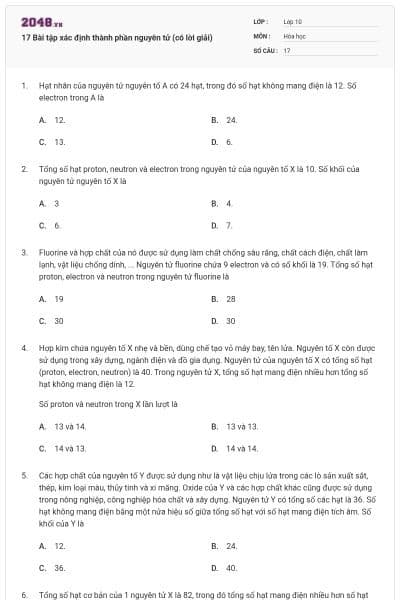 17 Bài tập xác định thành phần nguyên tử (có lời giải)