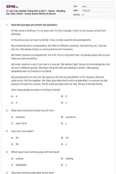 21 câu Trắc nghiệm Tiếng Anh 6 Unit 1 : Home - Reading đọc hiểu: Home - iLearn Smart World có đáp án
