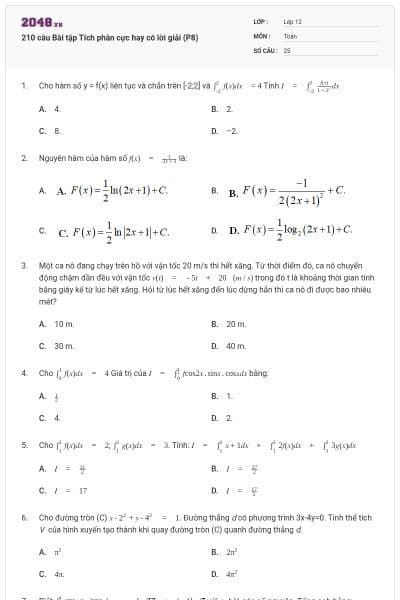 210 câu Bài tập Tích phân cực hay có lời giải (P8)