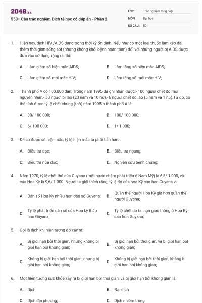550+ Câu trắc nghiệm Dịch tễ học có đáp án - Phần 2