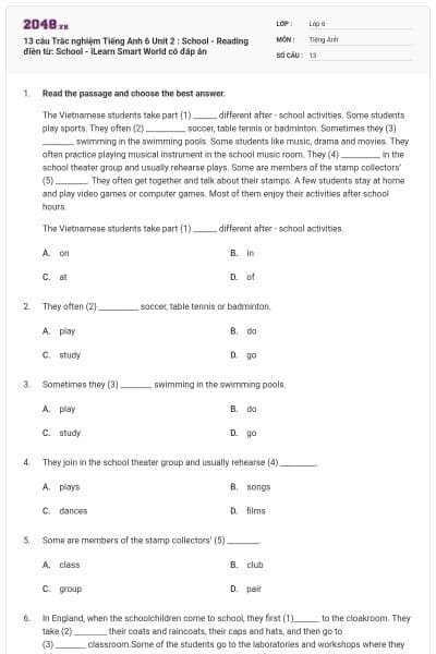 13 câu Trắc nghiệm Tiếng Anh 6 Unit 2 : School - Reading điền từ: School - iLearn Smart World có đáp án
