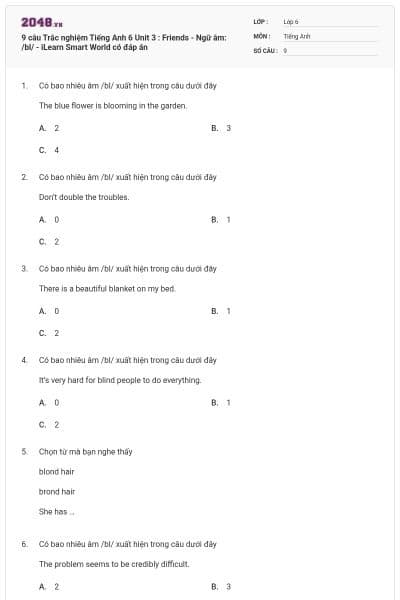 9 câu Trắc nghiệm Tiếng Anh 6 Unit 3 : Friends - Ngữ âm: /bl/ - iLearn Smart World có đáp án