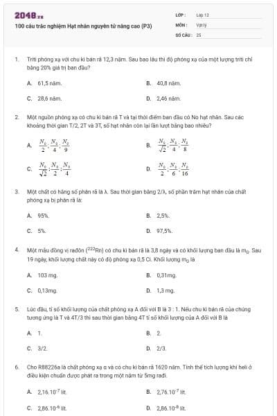 100 câu trắc nghiệm Hạt nhân nguyên tử nâng cao (P3)