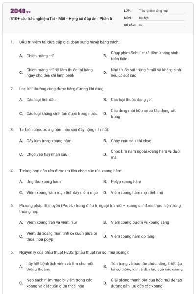 810+ câu trắc nghiệm Tai - Mũi - Họng có đáp án - Phần 6