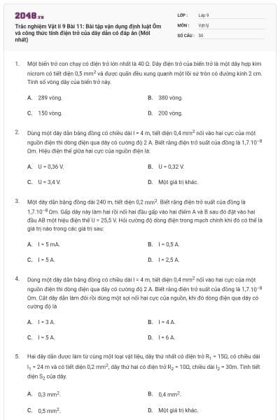 Trắc nghiệm Vật lí 9 Bài 11: Bài tập vận dụng định luật Ôm và công thức tính điện trở của dây dẫn có đáp án (Mới nhất)