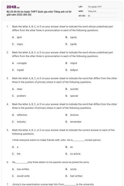 Bộ 20 đề thi ôn luyện THPT Quốc gia môn Tiếng anh có lời giải năm 2022 (Đề 20)