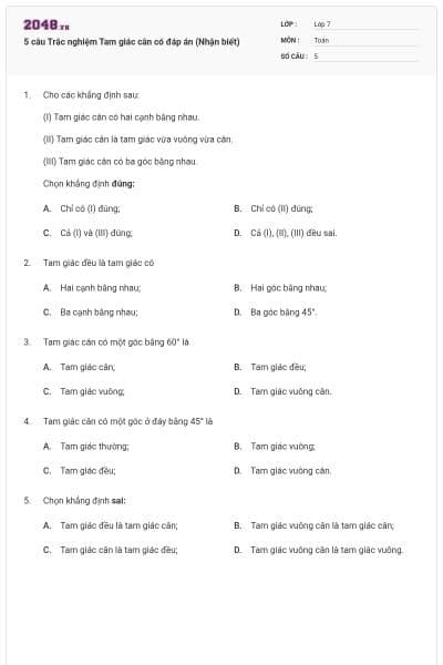 5 câu Trắc nghiệm Tam giác cân có đáp án (Nhận biết)