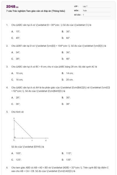 7 câu Trắc nghiệm Tam giác cân có đáp án (Thông hiểu)