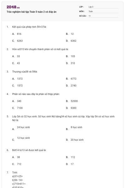 Trắc nghiệm bài tập Toán 5 tuần 2 có đáp án