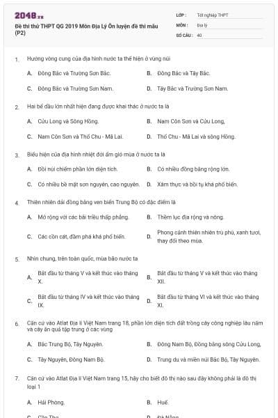 Đề thi thử THPT QG 2019 Môn Địa Lý Ôn luyện đề thi mẫu (P2)