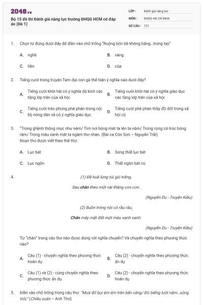 Bộ 15 đề thi Đánh giá năng lực trường ĐHQG HCM có đáp án (Đề 1)