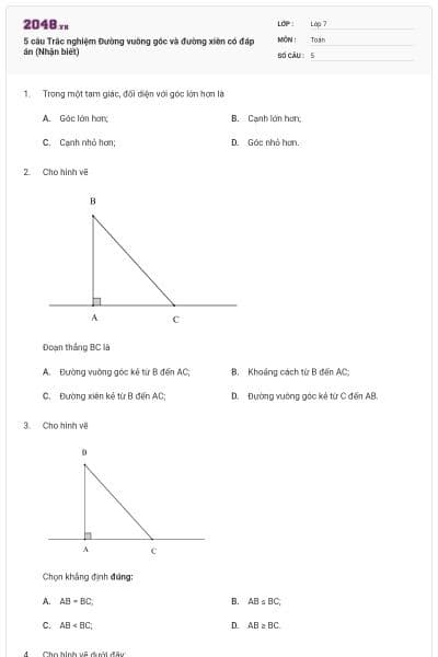 5 câu Trắc nghiệm Đường vuông góc và đường xiên có đáp án (Nhận biết)