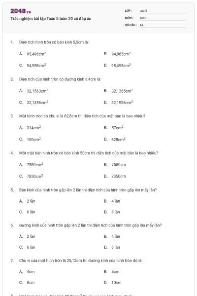 Trắc nghiệm bài tập Toán 5 tuần 20 có đáp án