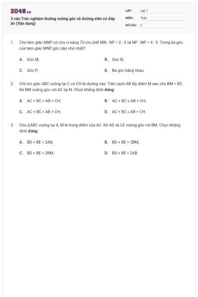 3 câu Trắc nghiệm Đường vuông góc và đường xiên có đáp án (Vận dụng)
