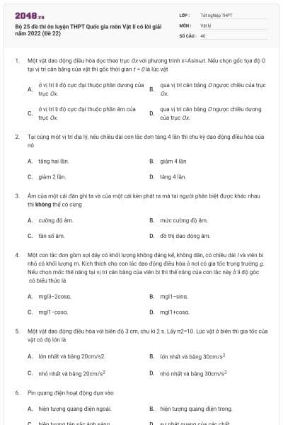 Bộ 25 đề thi ôn luyện THPT Quốc gia môn Vật lí có lời giải năm 2022 (Đề 22)