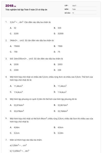 Trắc nghiệm bài tập Toán 5 tuần 23 có đáp án