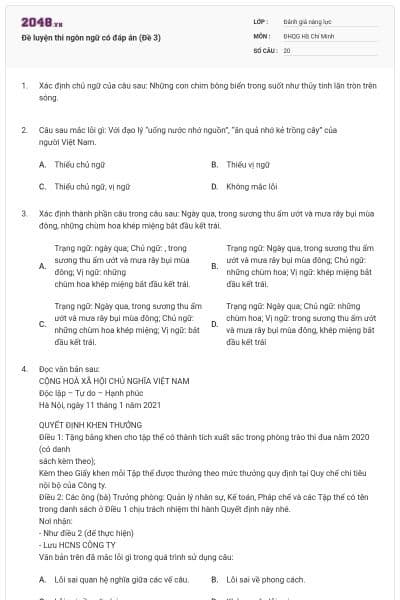 Đề luyện thi ngôn ngữ có đáp án (Đề 3)