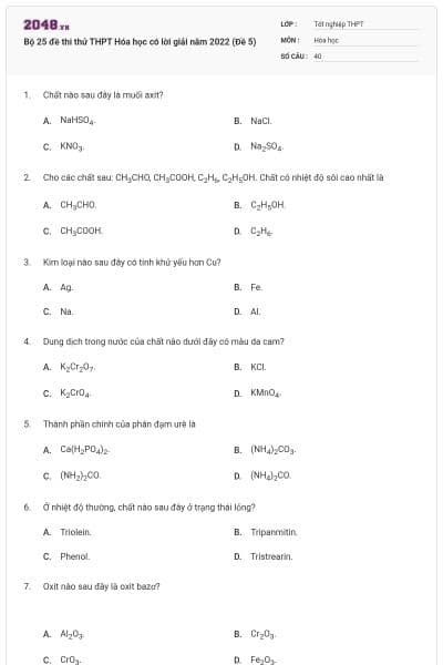 Bộ 25 đề thi thử THPT Hóa học có lời giải năm 2022 (Đề 5)