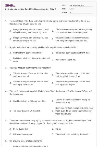 810+ câu trắc nghiệm Tai - Mũi - Họng có đáp án - Phần 8
