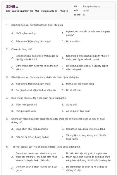 810+ câu trắc nghiệm Tai - Mũi - Họng có đáp án - Phần 10