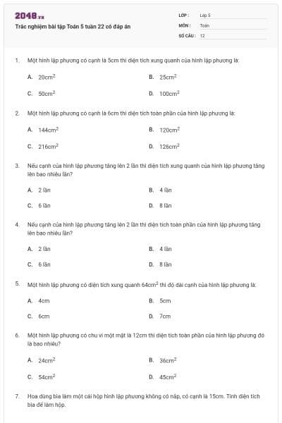 Trắc nghiệm bài tập Toán 5 tuần 22 có đáp án