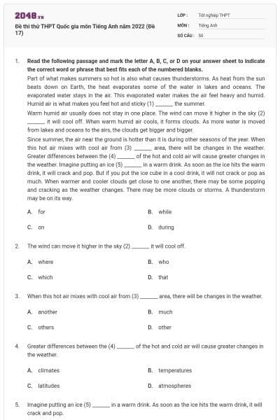 Đề thi thử THPT Quốc gia môn Tiếng Anh năm 2022 (Đề 17)