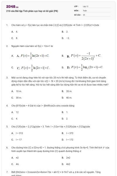 210 câu Bài tập Tích phân cực hay có lời giải (P8)