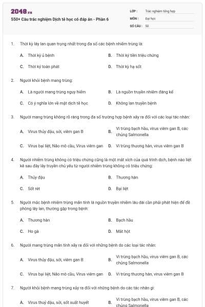 550+ Câu trắc nghiệm Dịch tễ học có đáp án - Phần 6