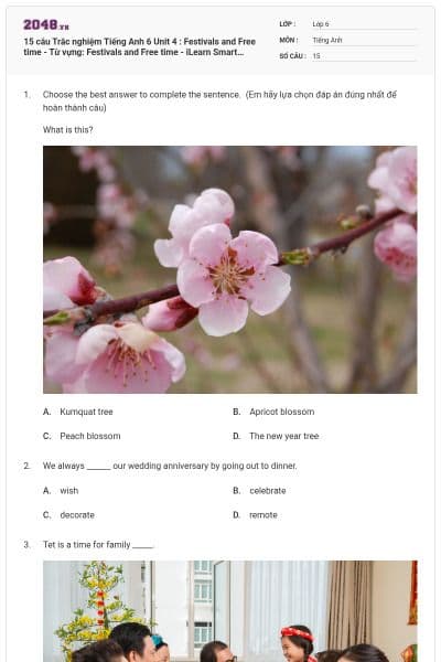 15 câu Trắc nghiệm Tiếng Anh 6 Unit 4 : Festivals and Free time - Từ vựng: Festivals and Free time - iLearn Smart World có đáp án