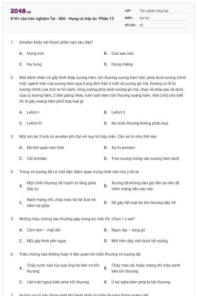 810+ câu trắc nghiệm Tai - Mũi - Họng có đáp án -Phần 15